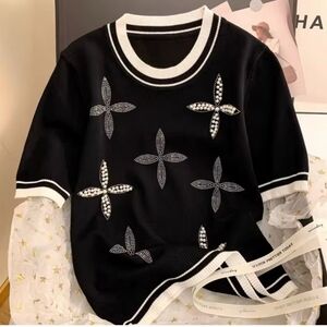 Black Short Sleeve Top with Rhinestone Floral Design